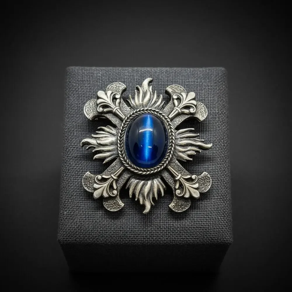 Accessocraft NYC Maltese Cross Brooch-Cats Eye Cabochon-Gothic-1960s Vintage-Pin